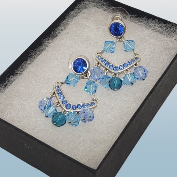 Swarovski Crystal Blue Chandelier Dangle Drop Silver Post Earrings - Picture 2 of 12